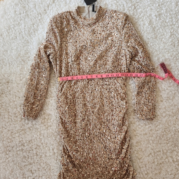BNWT Vero Moda Sz S Tan Sequin Gold Cowl Neck Bodycon Party Coktail Dress - Picture 3 of 7